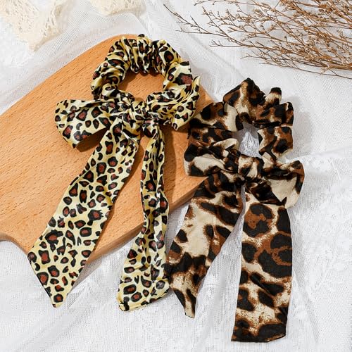 6-Piece Fashion Leopard Printed Bow Scarf Fabric Scrunchies for Women & Girls, Cute Elastic No Damage Satin Ponytail Holders Hair Ties, Hair Accessories (Leopard)