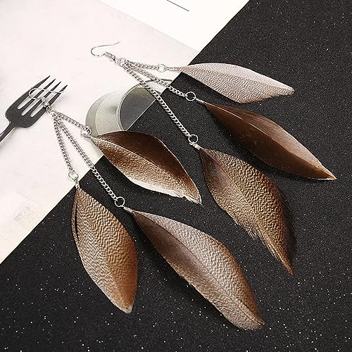 Boho Colorful Feather Dangle Earrings Handmade Beads Taseel Fashion Earrings for Women - color: Brown Taseel