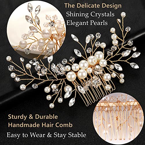 ULTIMUTE Hair Comb and 4 Pins Bridal Hair Accessories, Pearl Crystal Rhinestone Wedding Hair Comb and Hair Pins for Brides Bridesmaids Women Girls (Gold, 5 Pieces) - color: Gold