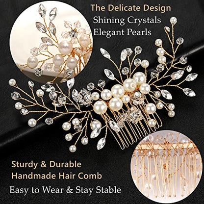 ULTIMUTE Hair Comb and 4 Pins Bridal Hair Accessories, Pearl Crystal Rhinestone Wedding Hair Comb and Hair Pins for Brides Bridesmaids Women Girls (Gold, 5 Pieces) - color: Gold