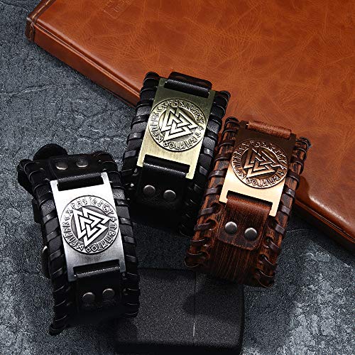 GelConnie Viking Bracelet Punk Leather Cuff Bracelet Gothic Leather Wristband Bracelet with Nordic Amulet Scandinavian Talisman Celtic Pagan Jewelry - color: Black Valknut