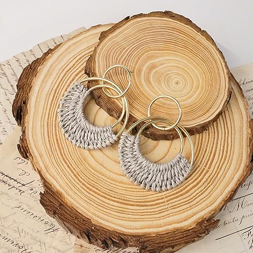 Raffia Hoop Earrings for Women Fun Boho Summer Beach Earrings Lightweight Handmade Straw Wicker Rattan Dangle Earrings Statement Geometric Round Drop Earrings - color: Grey - Round