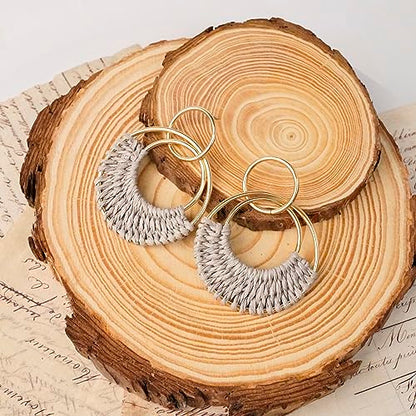 Raffia Hoop Earrings for Women Fun Boho Summer Beach Earrings Lightweight Handmade Straw Wicker Rattan Dangle Earrings Statement Geometric Round Drop Earrings - color: Grey - Round