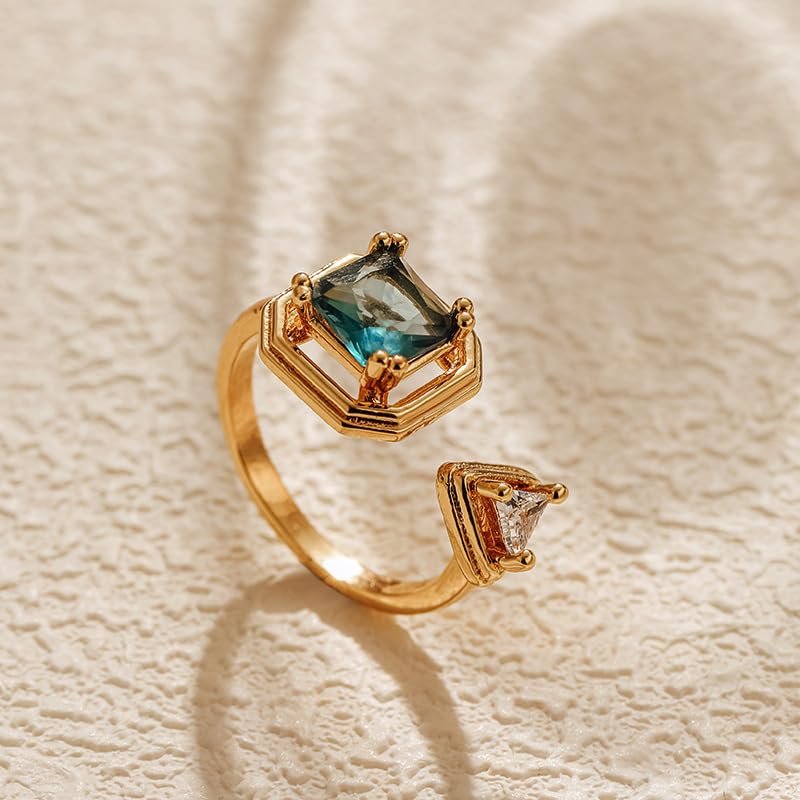 Square Blue Rhinestone Wrap Open Band Statement Ring for Women Stackable Dainty Asymmetric Geometric Triangle Crystal Adjustable Finger Rings Engagement Promise Wedding Cocktail Party Fashion Jewelry
