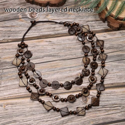 Wood Beads Necklace & Earrings for Women Chunky Multi-Layering Choker Necklace Ear Pendant - color: Multilayer