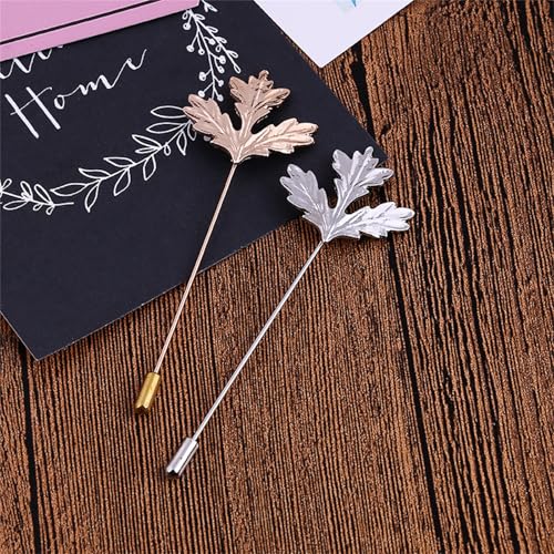 Dreuyet Simple Gold Silver Plated Long Brooch Pins with Cute Animal Antlers Leaves Plant Bees Rabbits Rose Flower Feather Brooch Jewelry for Women Men Elegant Suit Collar Lapel Pin - style: Leaf 3