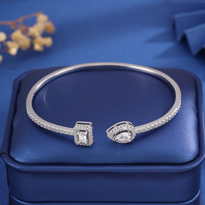 Elegant Versatile Youthful Bracelet, Delicate Water Drop & Square Stone Cuff Bangle for Women - color: Silver-White, size: One Size