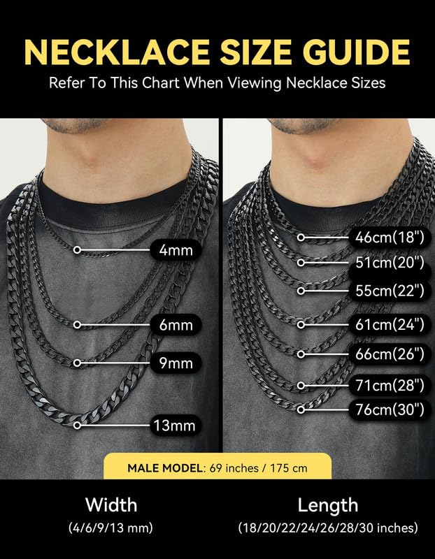 ChainsHouse Stainless Steel Cuban Link Chain Necklace for Mens Jewelry | 4mm/6mm/9mm/13mm Width Flat Cuban Chain, Black/14K Gold Plated Hip Hop Jewelry Mens Necklace 14"-30" Length with Gift Box - color: Black