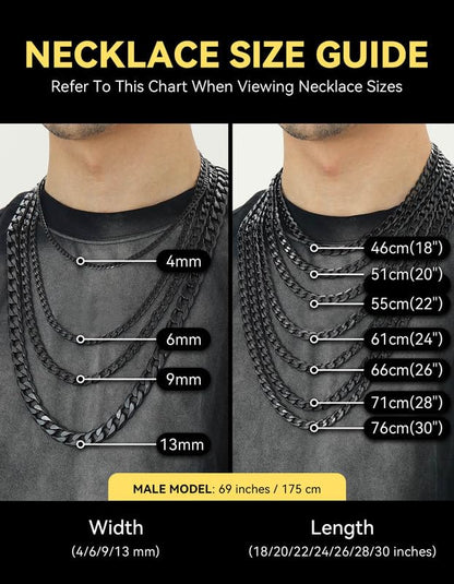 ChainsHouse Stainless Steel Cuban Link Chain Necklace for Mens Jewelry | 4mm/6mm/9mm/13mm Width Flat Cuban Chain, Black/14K Gold Plated Hip Hop Jewelry Mens Necklace 14"-30" Length with Gift Box - color: Black