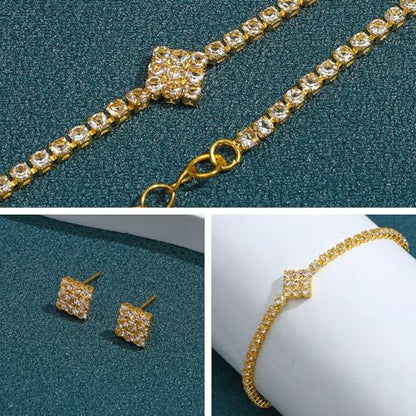 NEWITIN 4 Pieces Crystal Jewelry Set for Women Wedding Costume Accessories | Hypoallergenic, Cubic Zirconia, Necklace Earrings Bracelet, Tennis, Silver Jewelry for Wedding Bride Bridesmaid Party Prom - color: Gold Trendy
