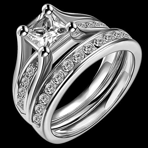 Jude Jewelers Stainless Steel Princess Cut Wedding Engagement Ring Set Anniversary Propose Eternity Bridal Halo