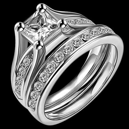 Jude Jewelers Stainless Steel Princess Cut Wedding Engagement Ring Set Anniversary Propose Eternity Bridal Halo