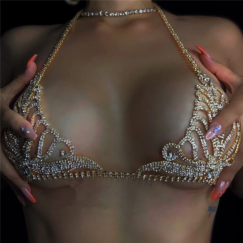 Sparkle Full Rhinestone Sexy Bra Chain Body Chain Set Crystal Beach Luxury Jewelry for Women - color: Golden