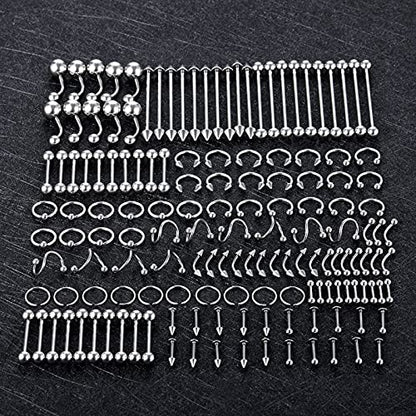 Oveta 150-151PCS Body Piercing Jewelry Lot 14G 16G 20G Stainless Steel Nose Lip Tongue Cartilage Tragus Eyebrow Industrial Barbell Belly Button Rings Piercing Kit Jewelry - style: 150pcs-Silver