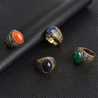 Retro Unisex Stainless Steel Oval Gemstone Hollow Flower Carved Signet Ring - color: Gold Black-Violet