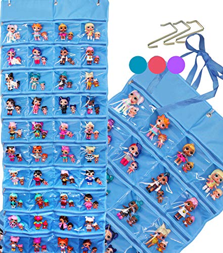 LOL Toys Hanging Over The Door Storage Organizer Carrying Travel, 40 Clear View Pockets, Roll Up, for Small Dolls, Cars, Jewelry, Hair Accessories, Arts & Crafts, Bead, Sewing and More (Blue) - color: Blue