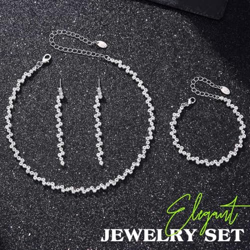 JEAIRTS Rhinestone Tennis Chain Choker Necklace Jewelry Sets for Women | 3Pcs Diamond Bridal Necklace Earrings and Bracelet for Wedding Prom - color: 1-Silver