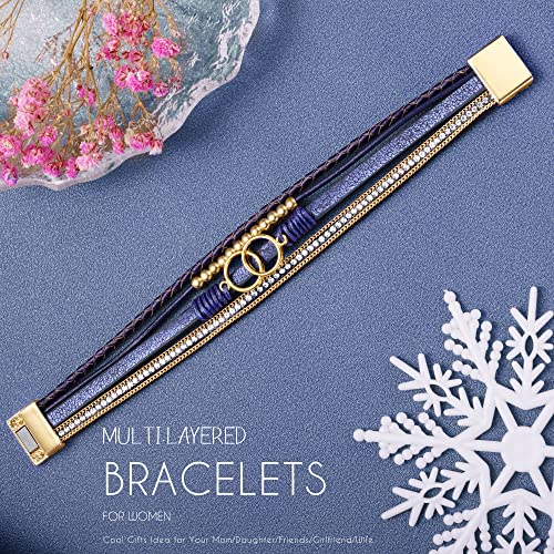 Bracelets for Women, Gifts for Mom Her Christmas Gift 2026 Leather Bracelets for Women Birthday Gift for Daughter Inspirational Wrap Bracelet Sister Friend Teen Girl Gift Layered Stocking Stuffers Jewelry - style: Navy Blue