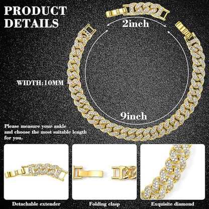 Batiyeer Women's Ankle Bracelets Cuban Link Chain Anklets Adjustable Chunky Anklets with Detachable Extender Rhinestone Bling Jewelry Gifts - color: Gold, size: 10 Mm, 9+2 Inches