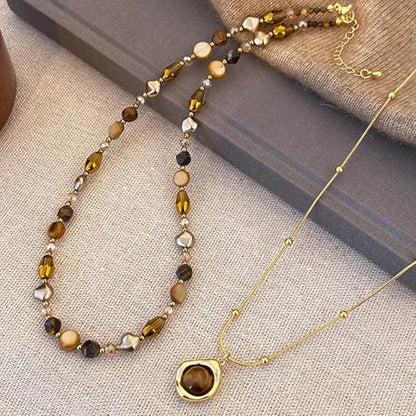 Tiger Eye Layered Necklace for Women Brown Beaded Gold Pendant Boho Western Double Layer Necklace Chain Vintage Aesthetic Jewelry Gift