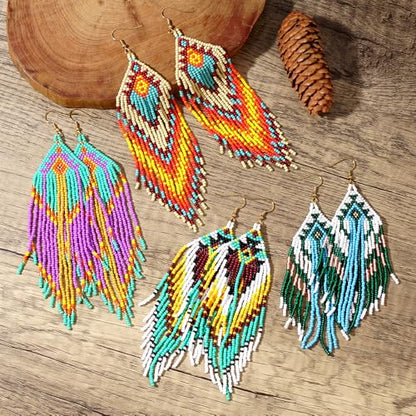 Bohemian Tassel Colorful Beaded Earrings For Women Trendy, Long Fringe Feather Drop Jewelry Handmade Gifts. - color: color4