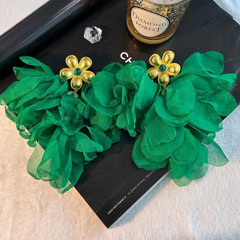 Fabric Flower Earrings for Women Colorful Long Tassel Floral Drop Earrings Fashion Boho Exaggerated Statement Beach Party Jewelry - color: E-874-Green