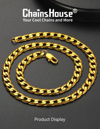 ChainsHouse Stainless Steel Cuban Link Chain Necklace for Mens Jewelry | 4mm/6mm/9mm/13mm Width Flat Cuban Chain, Black/14K Gold Plated Hip Hop Jewelry Mens Necklace 14"-30" Length with Gift Box - color: Gold Plated