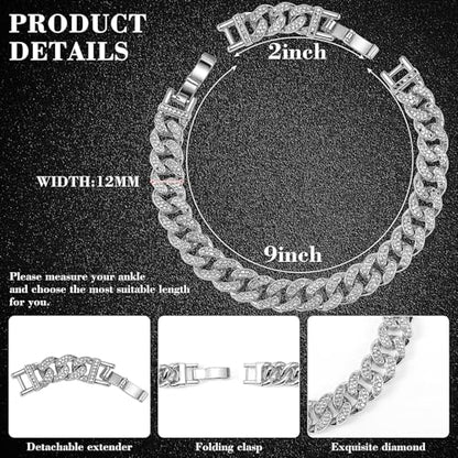 Batiyeer Women's Ankle Bracelets Cuban Link Chain Anklets Adjustable Chunky Anklets with Detachable Extender Rhinestone Bling Jewelry Gifts - color: Silver, size: 12 Mm, 9+2 Inches
