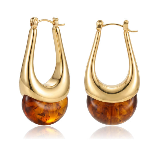 18K Gold Dangle Earrings for Women Vintage Acrylic Resin Earring | Trendy Chunky Hollow Hoop Earrings, Lightweight Drop Hoops Jewelry for Sensitive Ears, Stocking Stuffer Gift for Wife - color: Brown