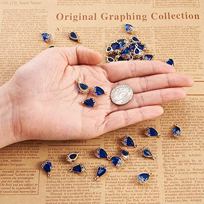 FASHEWELRY 50Pcs Faceted Teardrop Glass Pendants Transparent Crystal Drop Charms with Light Gold Brass Flower Setting for DIY Bracelet Necklace Earring Jewelry Craft Making 16x9mm - color: Medium Blue