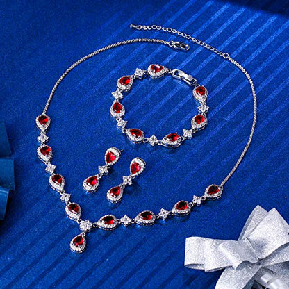 EleQueen Women's Silver-Tone Cubic Zirconia Teardrop Flower Bridal V-Necklace Sets Tennis Bracelet Dangle Earrings for Wedding Bridesmaids - color: Ruby Color