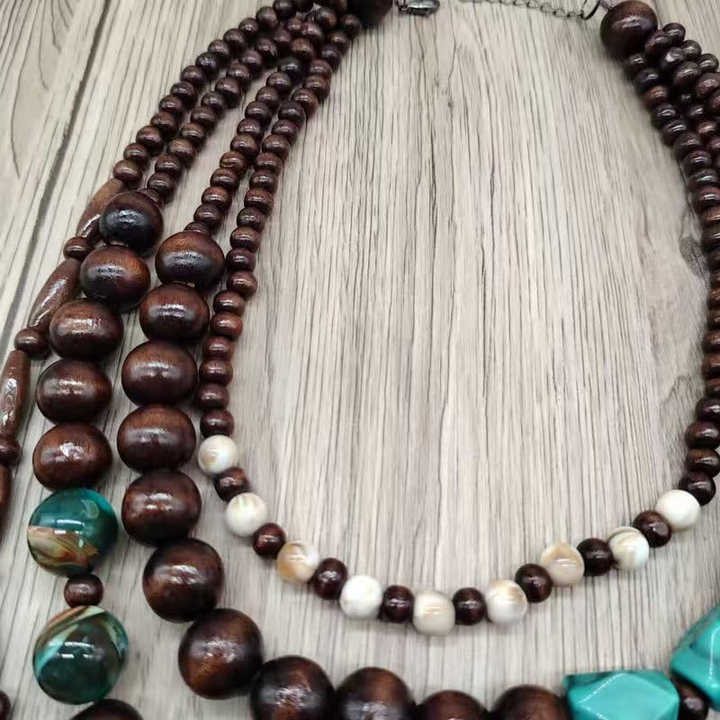 Elisheva Beaded Statement Necklace, Bohemian Layered Wood Bead and Turquoise Necklace, Chunky Coconut Shell Collar Necklace, Tribal Collar Jewelry for Women - color: wood and turquoise necklace
