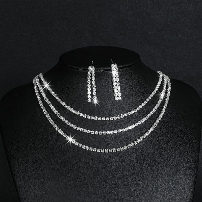 Gold Statement Choker Necklace for Women – Trendy Silver Long Layered Snake Chain Drop Necklace, Elegant Prom Party Jewelry Gift, Delicate Accessories for Her - color: B-Silver inlaid zircon necklace earrings two-piece set