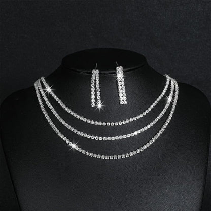 Gold Statement Choker Necklace for Women – Trendy Silver Long Layered Snake Chain Drop Necklace, Elegant Prom Party Jewelry Gift, Delicate Accessories for Her - color: B-Silver inlaid zircon necklace earrings two-piece set