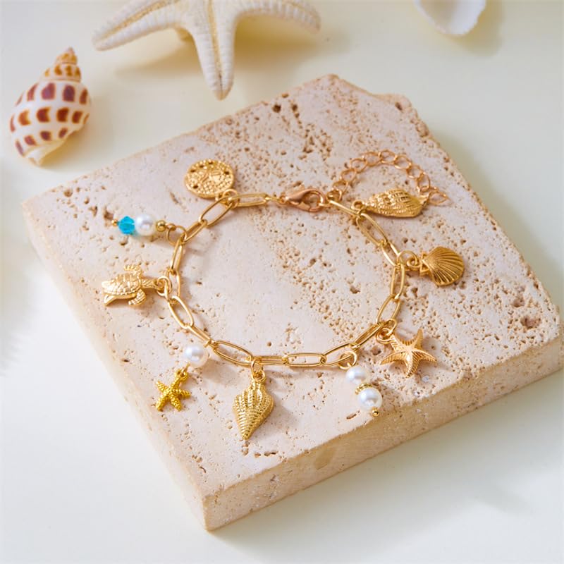 Shell Starfish Bracelet Seahorse Conch Starfish Sea Shell Pearls Charm Stone Bracelet Statement Bohemian Sea Themed Beach Jewelry for Women - color: Color C