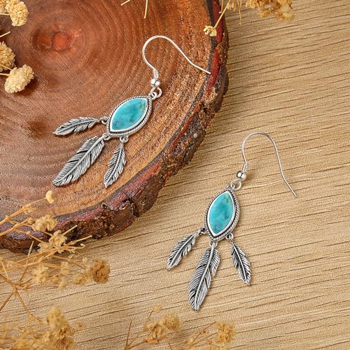 AVECON Turquoise Dangle Earrings for Women, Sterling Silver Feather Jewelry | Genuine Western Marquise Boho Pierced, Native American Jewelry with Hook and Leaf, for Cowgirl & Cowboy - color: Turquoise