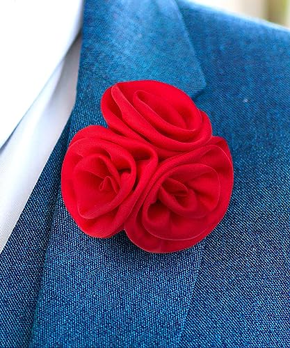 Premium Trio Cluster Flower Lapel Pin - Formal Boutonniere for Men, Flower Brooch Pin - color: Red