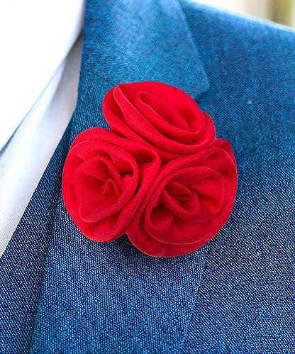 Premium Trio Cluster Flower Lapel Pin - Formal Boutonniere for Men, Flower Brooch Pin - color: Red