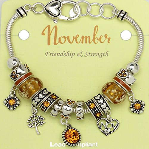 Falari Birthstone Bracelet Multi-Color Charm Beads Silvertone Birthday Gifts for Women - color: 11-November