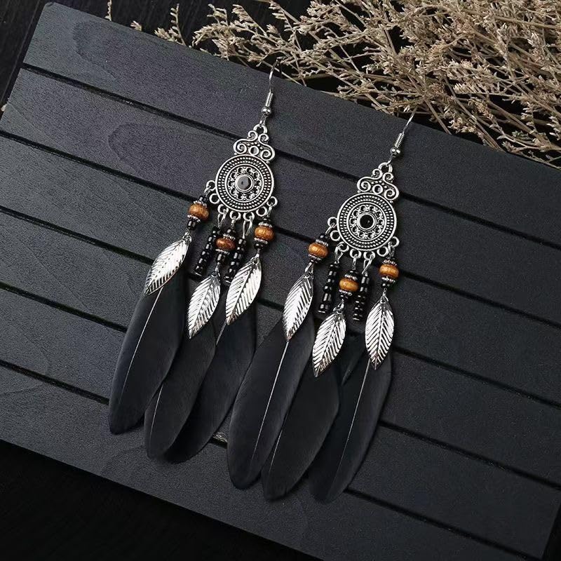 Boho Western Earrings for Women Western Feather Earrings Vintage Concho Turquoise Teardrop Dangle Earrings Country Concert Jewelry Accessories - style: Black feather