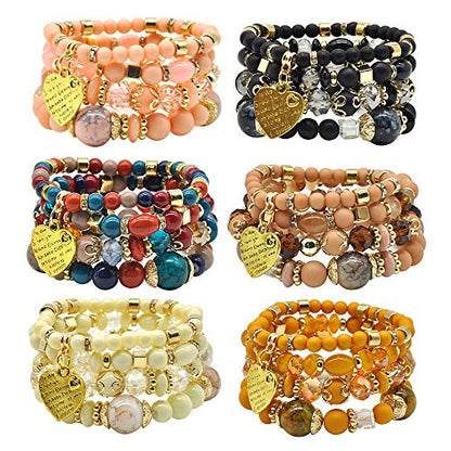 Bohemian Bracelet Sets for Women - 6 Sets Stackable Stretch Bracelets Multi-color Boho Jewelry for Women Hippie Bracelets Dainty Jewelry - color: Stackable bracelets with heart charm