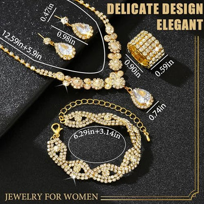 Rhinestone Jewelry Set Crystal Pearl Necklace Bracelet Earrings | Sparkly Necklace Dangle Earrings,Wedding Prom Formal Costume Jewelry Sets for Women - color: Gold1