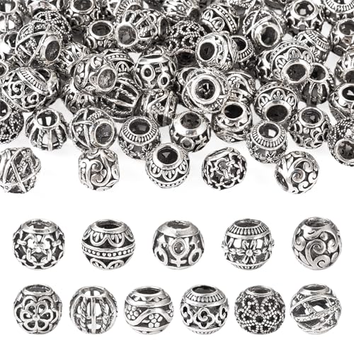 Craftdady 66Pcs Large Hole Rondelle Spacer Beads Alloy European Beads 11 Style Tibetan Antique Silver Spacer Beads Western Beads for Crafts Jewelry Making - color: Antique Silver-12 Styles, Rondelle