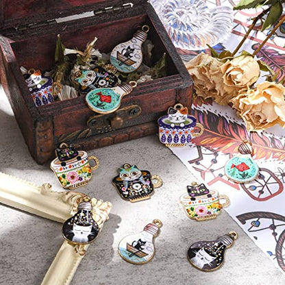 KitBeads 12pcs Enamel Cat & Bulb Charms Coffee Cup Charms for Jewelry Making DIY Accessories for Girls (6 Styles)