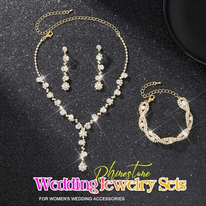 Aukmla Rhinestone Wedding Prom Jewelry Sets Silver Diamond Necklaces and Earring Bracelet Set for Brides and Women - color: Gold