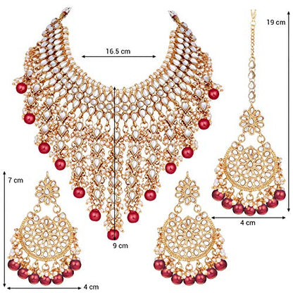 Aheli Elegant Indian Wedding Wear Faux Kundan Studded Choker Necklace with Maang Tikka Set Ethnic Fashion Jewelry for Women Maroon Kundan & Pearl Drop - color: Red 2