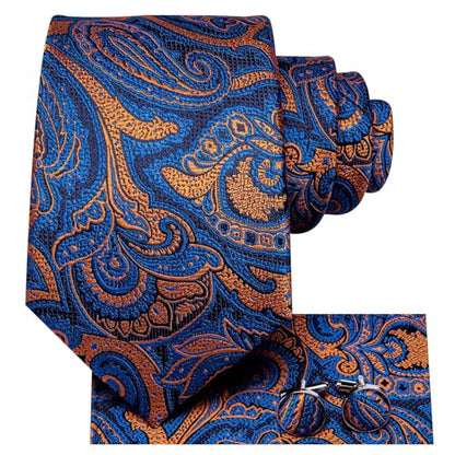 Dubulle Mens Paisley Striped Tie Woven Necktie for Men and Handkerchief Cufflinks Set Wedding Formal Business - color: Dark Blue