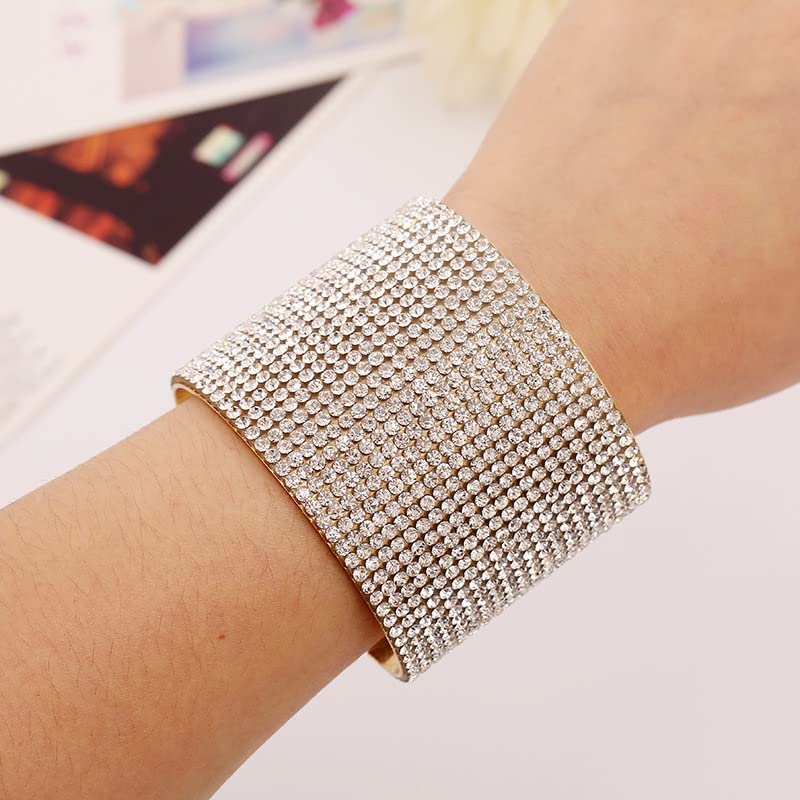 Rhinestone Bracelet Crystal Arm Cuff Bangle Bracelets for Women Adjustable | Open Cuff, Wide Arm Bangle, Stretchable, Hypoallergenic, Bridal Jewelry, for Prom Cocktail Party Wedding Dating - color: Gold