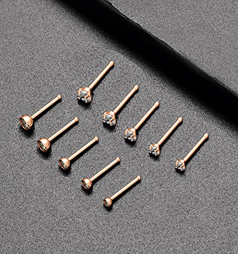 20G 10Pcs Stainless Steel L Screw Bone Shaped Nose Studs Rings Square Round CZ Nose Ring Labret Nose Piercing Jewelry for Men Women Silver Tone 1.5mm-2mm-2.5mm-3mm-3.5mm CZ - style: F:10Pcs,Bone Shaped(Rose Gold Tone)