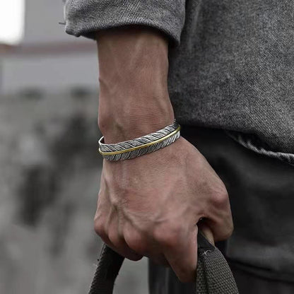 Innocence S925 Silver-Plated Antique Wide Feather Cuff Bracelet For Men Women Adjustable Retro Twisted Feathers Bracelets Gift Jewelry - color: Feather